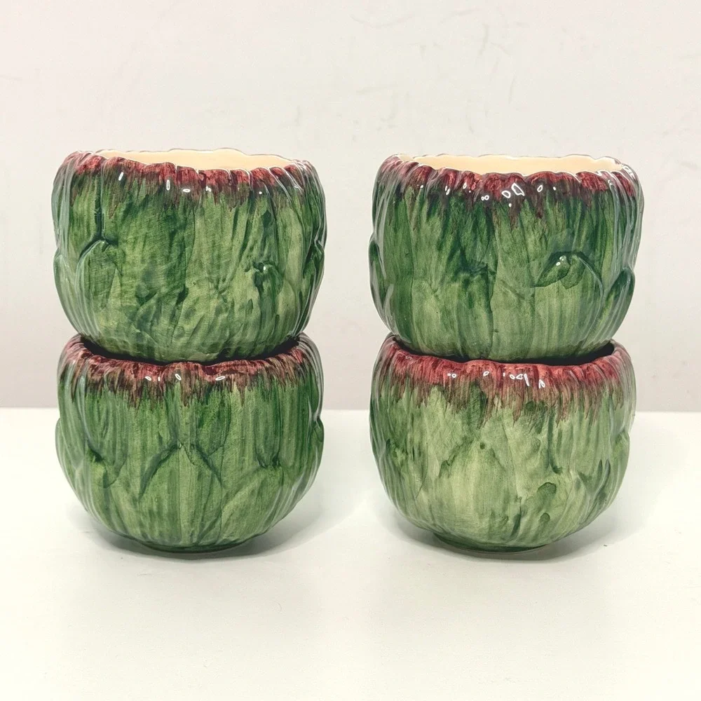 Vintage Sur La Table Artichoke Bowls Set of 4 Green Majolica Portugal Ceramic